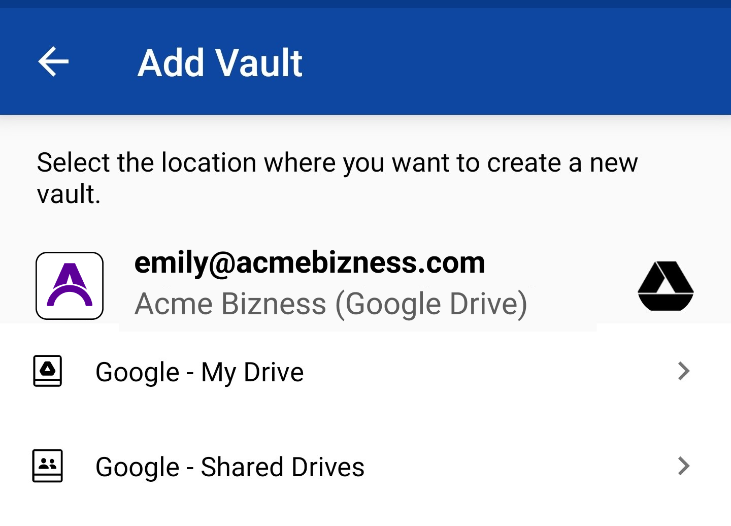 Tap Create new business vault on Google Drive - Enpass Business Android